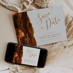 Invitación Naranja quemado Agate de Oro Gris de Plale Save th
