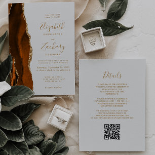 Invitación Naranja quemado Agate de oro Gris pálido Boda de c