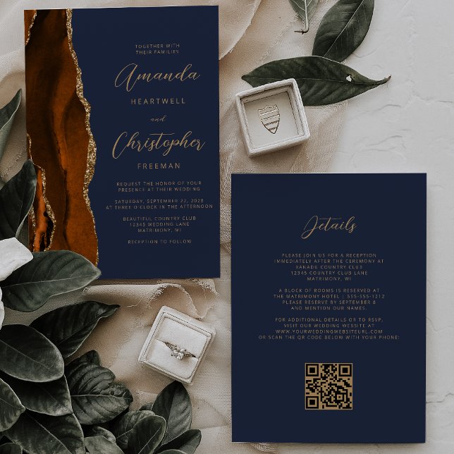 Invitación Naranja quemado Agate de Oro Navy Boda de código Q (Subido por el creador)