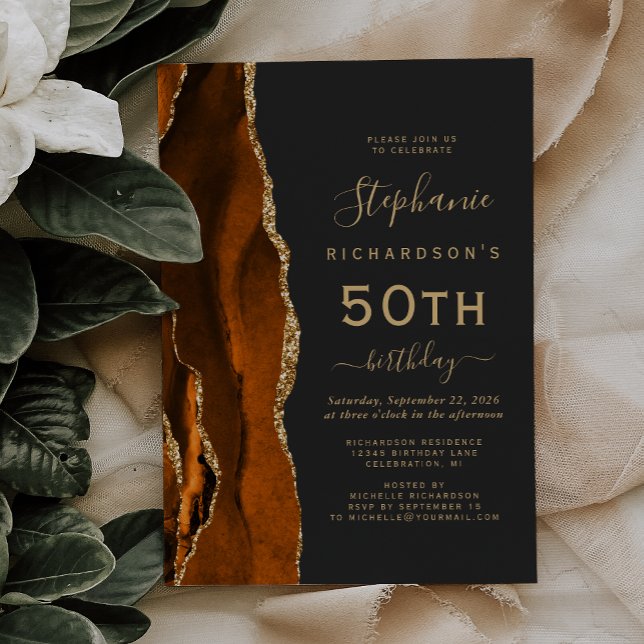 Invitación Naranja quemado Agate de Oro Oscuro 50 cumpleaños (Subido por el creador)