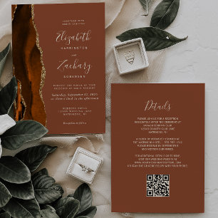 Invitación Naranja quemado Agate de oro Rust Boda de código Q
