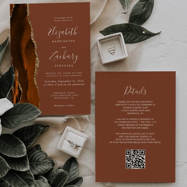 Invitación Naranja quemado Agate de oro Rust Boda de código Q (Subido por el creador)