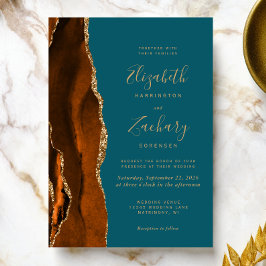 Invitación Naranja quemado Agate Gold Boda Verde azulado