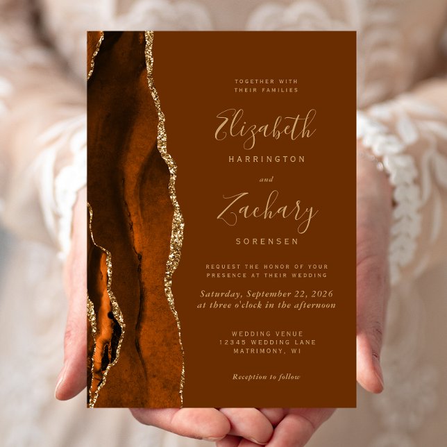 Invitación Naranja quemado Agate Gold Brown Boda (Subido por el creador)
