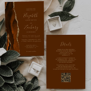 Invitación Naranja quemado Agate Gold Brown Boda de código QR