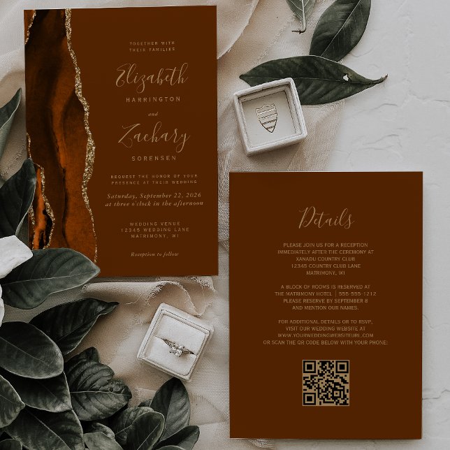 Invitación Naranja quemado Agate Gold Brown Boda de código QR (Subido por el creador)
