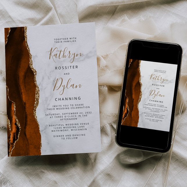 Invitación Naranja quemado Agate Gold Marble Boda (Subido por el creador)