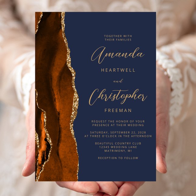 Invitación Naranja quemado Agate Gold Navy Boda de guión azul (Subido por el creador)