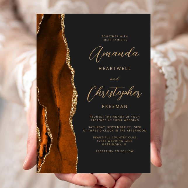 Invitación Naranja quemado Agate Gold Script Boda (Subido por el creador)