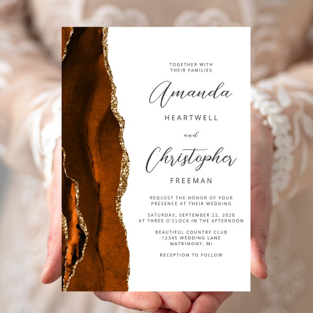 Invitación Naranja quemado Agate Gold Script Boda (Subido por el creador)