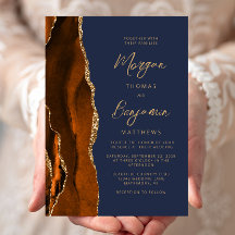Naranja quemado Agate Navy Blue Modern Script Boda