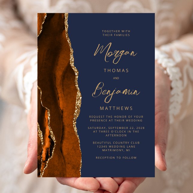 Invitación Naranja quemado Agate Navy Blue Modern Script Boda (Subido por el creador)