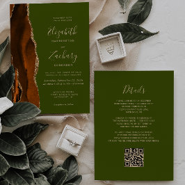 Invitación Naranja quemado Agate Olive Green Boda de código Q