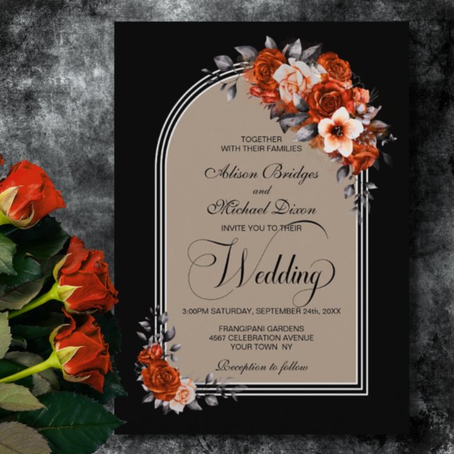 Invitación Naranja quemado arca floral negro Boda beige (Subido por el creador)