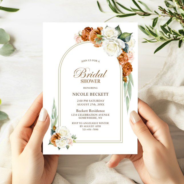 Invitación Naranja quemado Arco Floral Blanco Ducha Bridal (Subido por el creador)