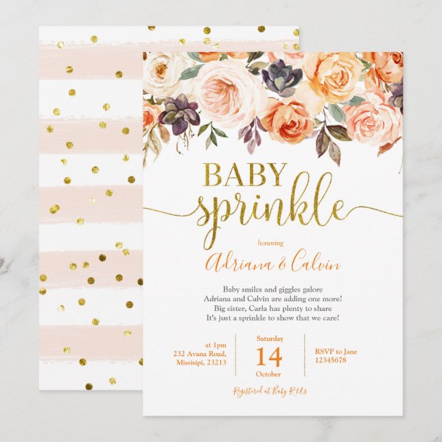 Invitación Naranja quemado Bebé Floral Sprinkle Ducha Invitac (Anverso / Reverso)
