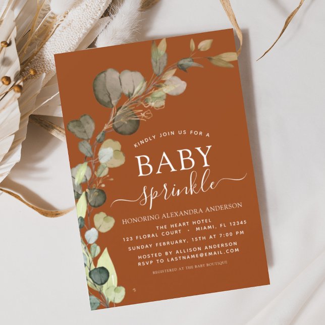 Invitación Naranja quemado Bebé Sprinkle Shower Eucalyptus (Subido por el creador)