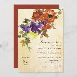 Invitación Naranja quemado Boda cristiano morado otoño floral
