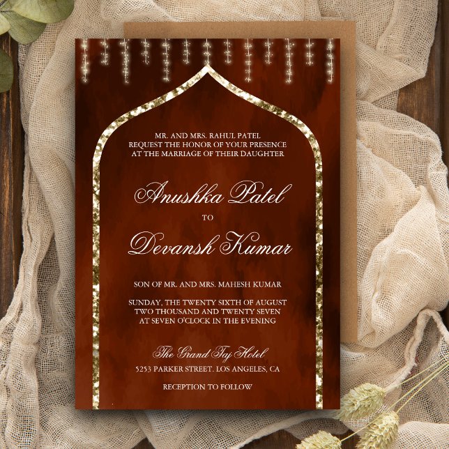 Invitación Naranja quemado Boda de arte étnico indio de oro (Subido por el creador)
