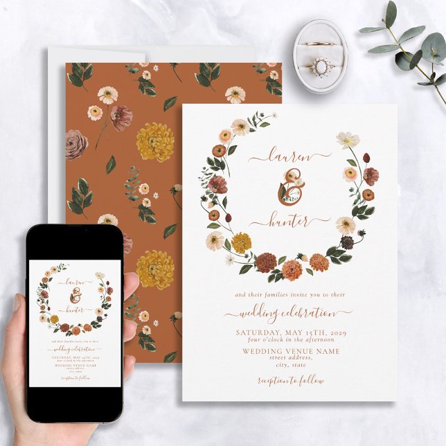 Invitación Naranja quemado Boda de la guirnalda floral (Subido por el creador)