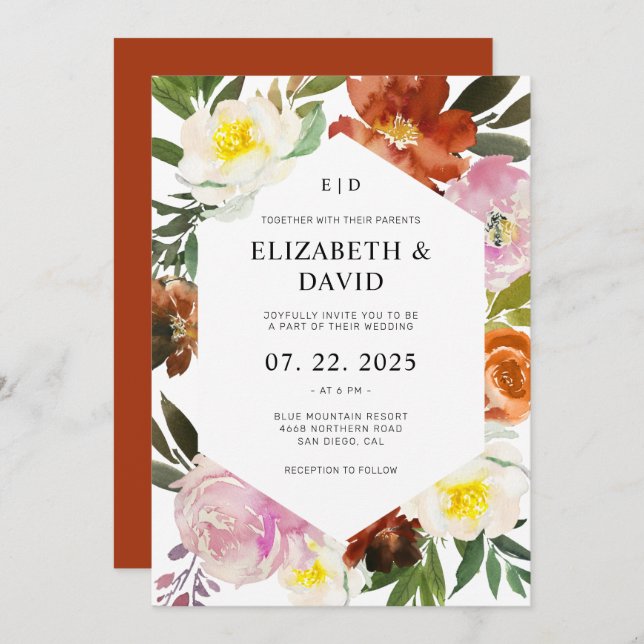 Invitación Naranja quemado, Boda floral blanco y rosa de Rubo (Anverso / Reverso)