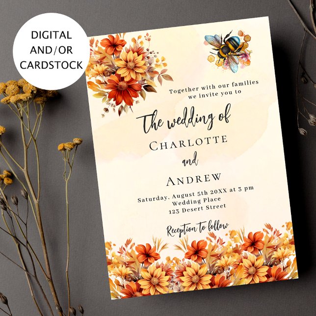 Invitación naranja quemado boda otoño florals abeja (Subido por el creador)