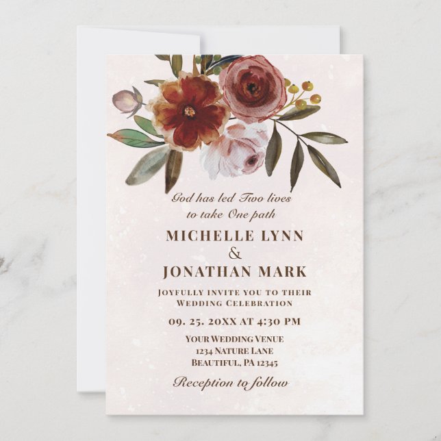 Invitación Naranja quemado Boda simple floral cristiano rosa (Anverso)