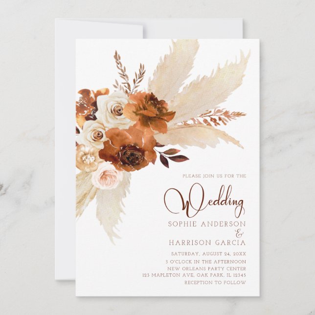 Invitación Naranja quemado Bohemian Pampas Boda de Grass (Anverso)