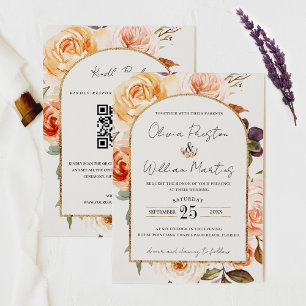 Invitación Naranja Quemado Boho Arco floral Código QR Código