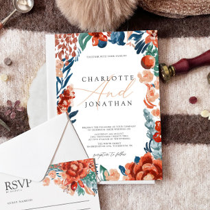 Invitación Naranja quemado Boho Boda de flores brillantes