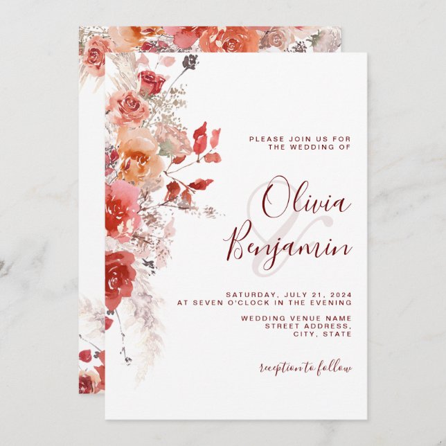Invitación Naranja Quemado Boho Boda de Pampas Floral Roja ox (Anverso / Reverso)
