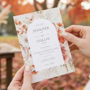 Invitación Naranja Quemado Boho Cae Arco Floral Monograma Bei