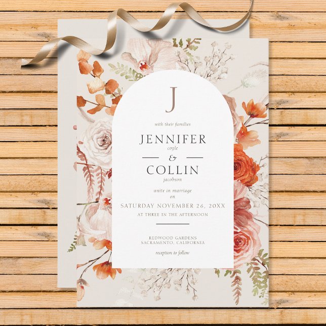 Invitación Naranja Quemado Boho Cae Arco Floral Monograma Bei (Subido por el creador)
