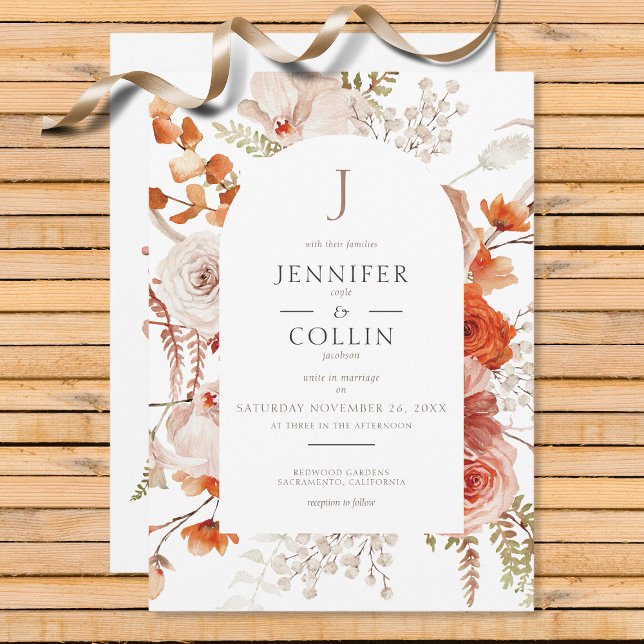 Invitación Naranja Quemado Boho Caer Arco Floral Monograma Bl (Subido por el creador)