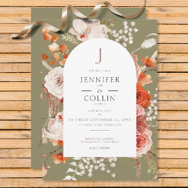 Invitación Naranja Quemado Boho Caer Arco Floral Monograma Sa