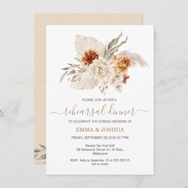 Invitación Naranja Quemado Boho Ensayo de Bouquet Floral Cena (Anverso / Reverso)
