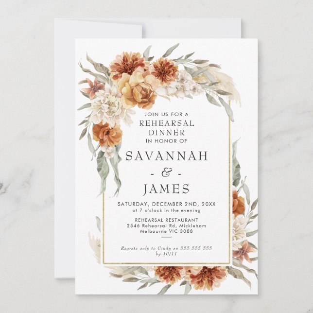 Invitación Naranja Quemado Boho Ensayo Floral Cena (Anverso)