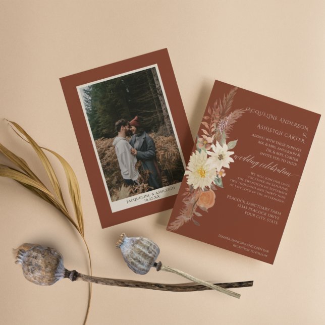 Invitación NARANJA Quemado BOHO Fall Floral Pampas Grass Eleg (Subido por el creador)
