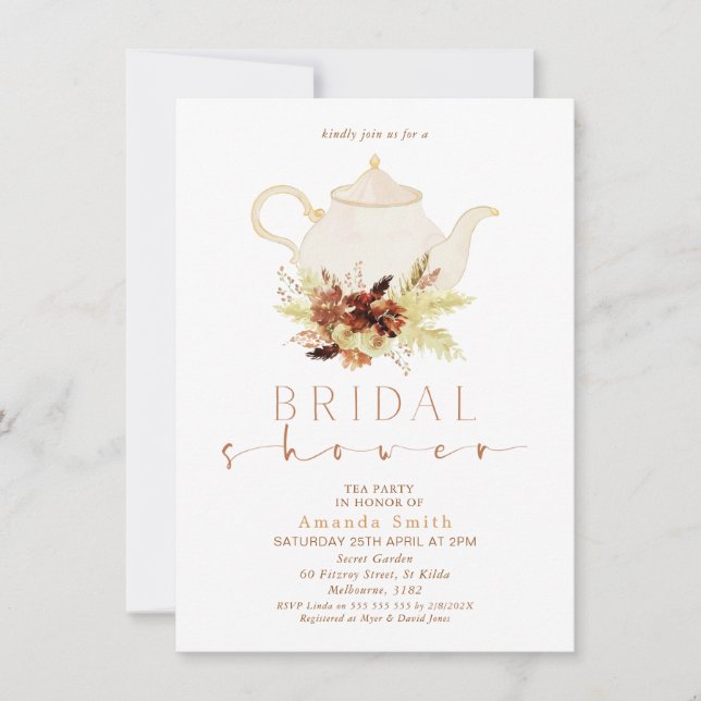 Invitación Naranja quemado Boho Floral Tea Fiesta Bridal Show (Anverso)
