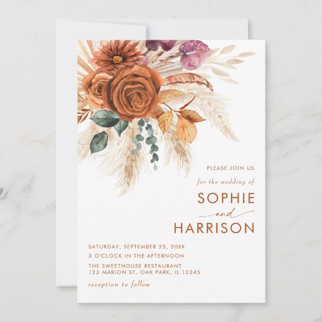 Invitación Naranja quemado Boho Pampas Boda de óxido de hierb (Anverso)