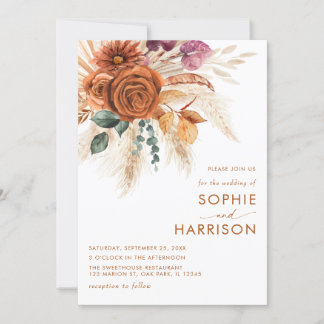 Invitación Naranja quemado Boho Pampas Boda de óxido de hierb