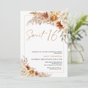 Invitación Naranja quemado Boho Pampas Grass 16º cumpleaños
