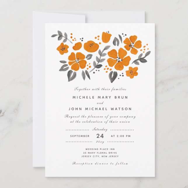 Invitación Naranja Quemado bonito Caída Boda Folclórico Flora (Anverso)