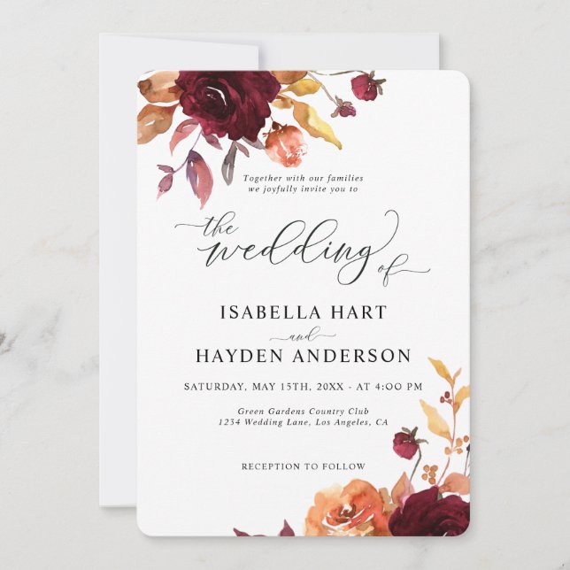 Invitación Naranja quemado Borgoña Moda roja Boda floral (Anverso)