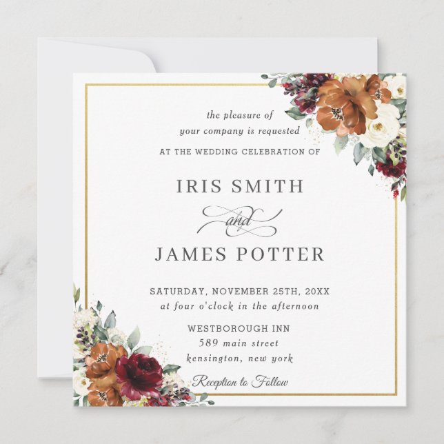 Invitación Naranja quemado Borgoña Plaza Boda Floral de Marfi (Anverso)