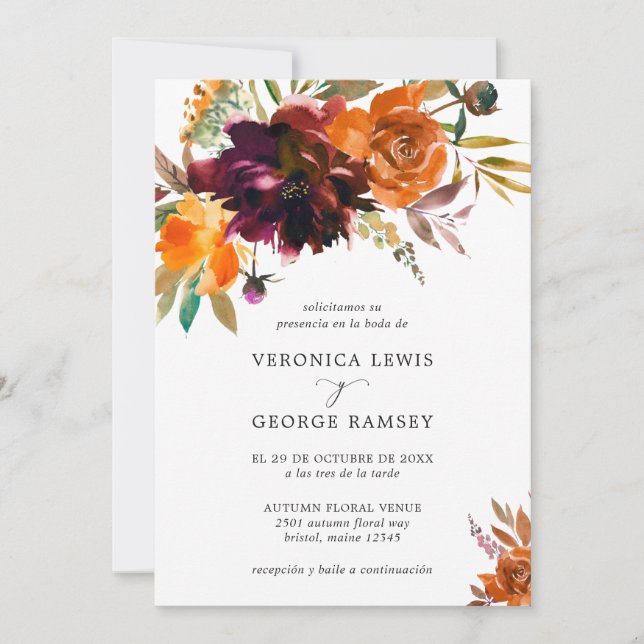 Invitación Naranja quemado Burgundy Cae Boda floral español (Anverso)