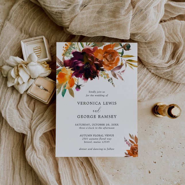 Invitación Naranja quemado Burgundy Cae Floral Elegante Boda (Subido por el creador)