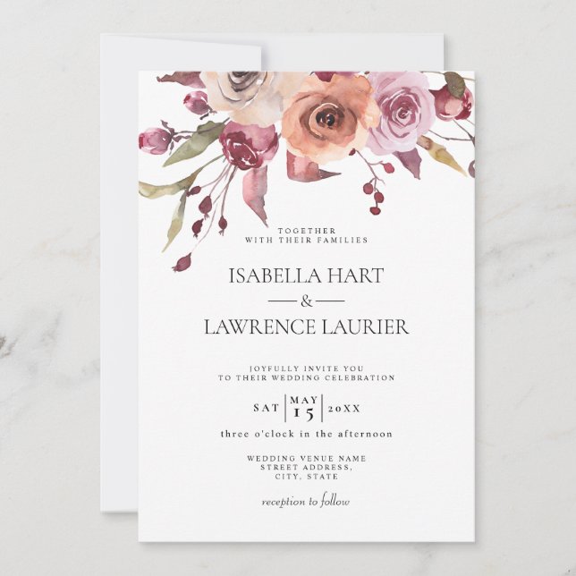 Invitación Naranja quemado Burgundy Floral Caída Elegante Bod (Anverso)