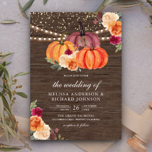 Invitación Naranja quemado Burgundy Floral Calabaza Boda de m