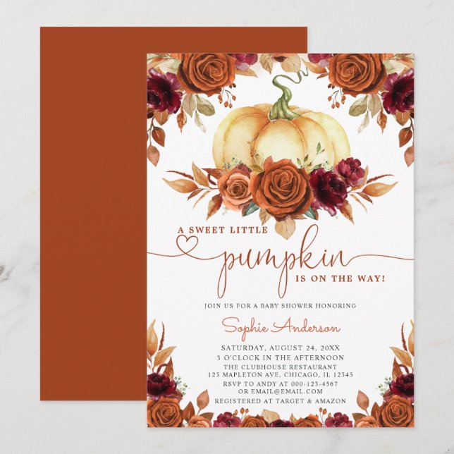 Invitación Naranja quemado Burgundy Floral Pumpkin Baby Showe (Anverso / Reverso)